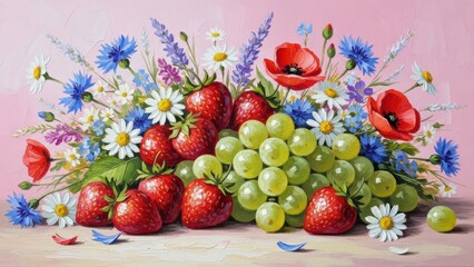 Vibrant still life of fresh strawberries and green grapes with colorful flowers on pink background