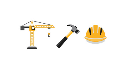 Fototapeta premium Construction Equipment - Crane, Hammer, and Hard Hat Illustration.