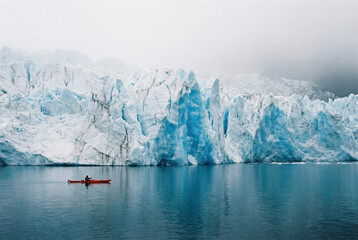 A lone kayaker paddling next to a gigantic wall of glacial ice, highlighting the scale of nature in the Arctic