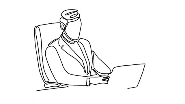 continuous line animation of man with laptop computer