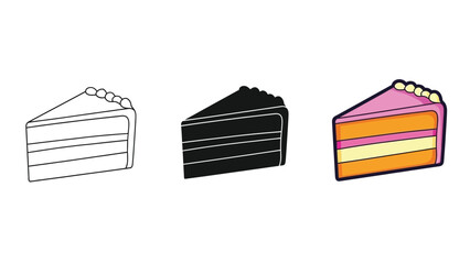 Set of three cake slice icons outline, solid black, and colorful illustration