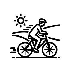 Naklejka premium Cyclist Riding Bike on Trail with Sun, Black and White Line Art.