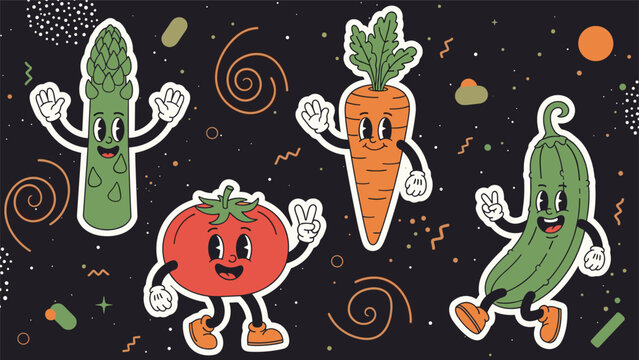 A groovy set of four retro cartoon vegetable characters, including asparagus, carrot, tomato, and cucumber, all waving and making peace signs.