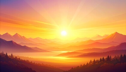 Beautiful digital art illustration of a bright sun setting behind majestic mountain peaks and a calm valley river.