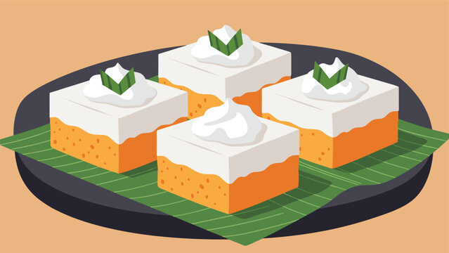 Four delicious-looking squares of traditional indonesian layer cake, or talam ubi, are served on a plate with a banana leaf and topped with cream.