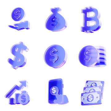 Set of 3D Glass finance icon, money, currency, investment and cryptocurrency concept. Transparent liquid Glass icon, glassmorphism icon, crystal clear. 3d illustration.
