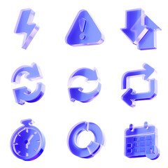 Fototapeta na wymiar Set of 3D Glass system control icon, warning alert, sync process and time management concept. Transparent liquid Glass icon, glassmorphism icon, crystal clear. 3d illustration. 