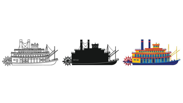 Set of three paddle steamer riverboats line art sketch, solid silhouette, and colorful illustration
