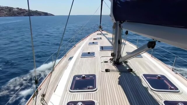 Sailing yacht cruising on the open sea, showcasing the deck and clear blue water.
