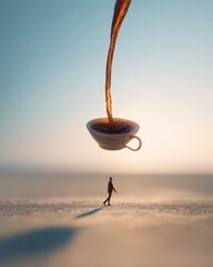Surreal Perspective of Daily Life with Giant Coffee Cup and Person