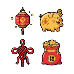 Fototapeta premium A collection of traditional Chinese New Year symbols including a lantern, a golden pig, a lucky knot, and a fortune bag with gold ingots.