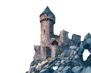 Watercolor Old Celtic castle tower isolated on transparent background