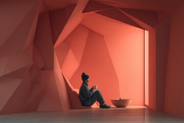 Tranquil Moment in Futuristic Interior with Soft Warm Tones