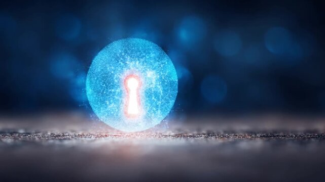 Illuminated Keyhole: A close-up view of an ethereal glowing orb with a keyhole at its center. The scene is enveloped in a bokeh of blue and hints of gray, adding to the enigma of the piece.