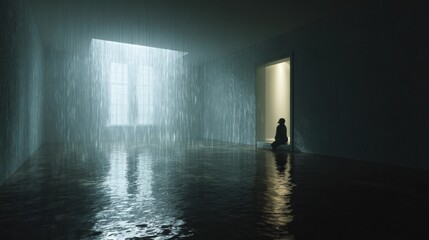 Emotional Indoor Scene with Rain and Fog in a Room Setting