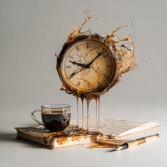 Melting Clock Aesthetic with Coffee Splash and Open Book Scene