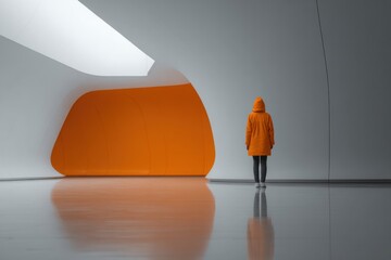 Person in Vivid Orange Jacket Standing in Modern Interior Space