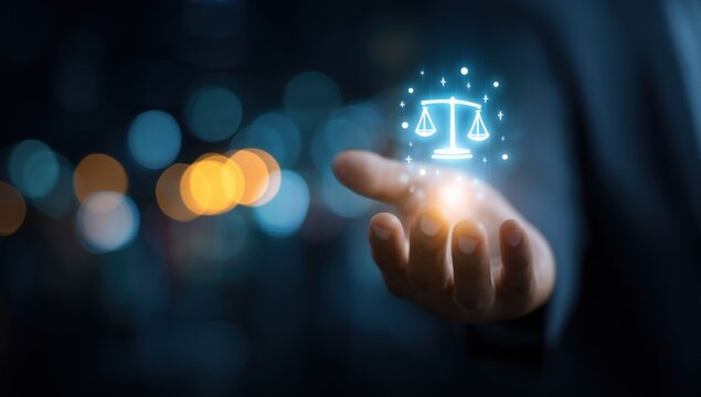Businessman hand holding glowing scales of justice icon representing legal concepts, fairness, equality and ethics