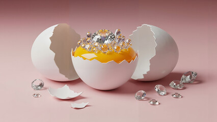 Perfect white egg cracked in half with yellow yolk and gems  