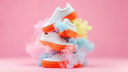 Stack of white platform sneakers arranged like a sculpture with smoke  