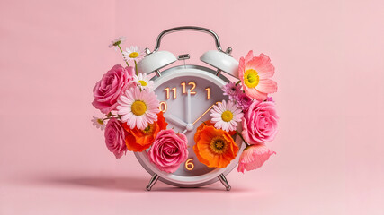 White alarm clock with neon orange details surrounded by flowers  