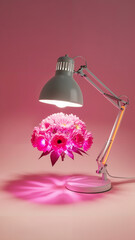 White desk lamp with neon orange stem illuminating pink flowers  