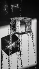 Transparent glass cube suspended in mid-air with water droplets  