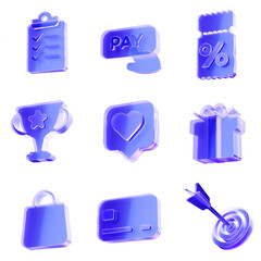 Set of 3D Glass ecommerce payment icon, reward, discount and shopping promotion concept. Transparent liquid Glass icon, glassmorphism icon, crystal clear. 3d illustration.
