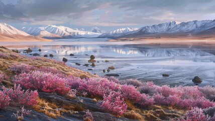 Wide Panorama of a Mirror Lake Reflecting Snowy Mountains with Pink Autumn Tundra Vegetation