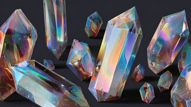 A collection of iridescent crystals, each displaying a unique array of colors and shapes