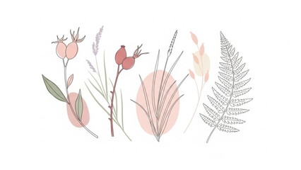 Botanical illustration of pink flowers and leaves on white background