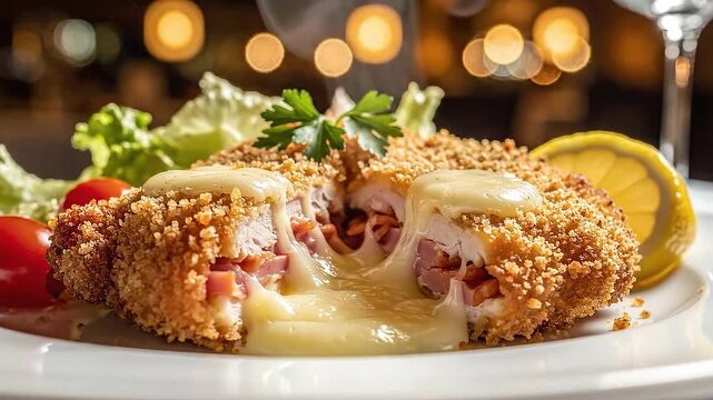 Gourmet Cordon Bleu chicken cutlet melted cheese oozing out served with fresh lettuce and tomato perfect for restaurent.