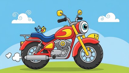 Colorful cartoon motorcycle on green hill.