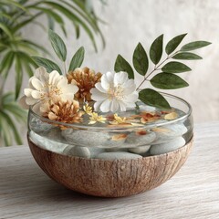 Serene Floral Arrangement in Glass and Coconut Bowl
