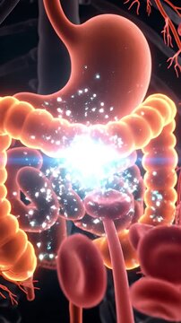 Animated Digestive System with Glands and Orange Tones on Black Background for Medical Explanation Videos