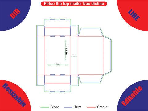 Fefco flip mailer box dieline with dimensions and color coded lines
