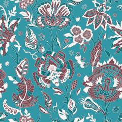 Teal Burgundy Folk Floral Pattern