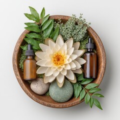 Serene Spa Still Life White Lotus Flower, Essential Oil Bottles, and Green Leaves in Wooden Bowl