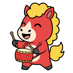 Obraz premium Fire horse mascot playing a traditional red Chinese drum for lunar new year festival.