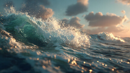 Ocean waves crest and crash beneath a warm setting sun.
