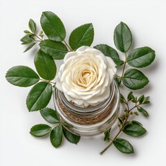 Single White Rose in Glass Vase with Green Leaves on White Background