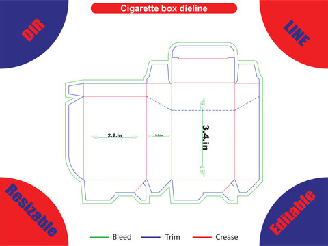 Cigarette box dieline with bleed trim and crease lines