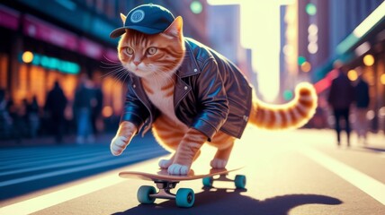 Cool Cat with jacket and hat Skateboarding