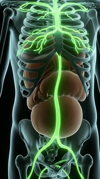 Animated Medical Visualization of Lymphatic Drainage System in Human Legs Anatomical Structure on Dark Background