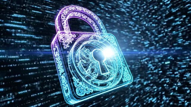 A glowing blue and purple digital lock with a keyhole and circuit patterns, set against a background of streaming blue binary code