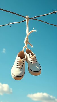 A pair of simple canvas shoes tied together and hanging from a wire against an open sky