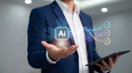 Professional man shows holographic Artificial Intelligence chip and data in an o