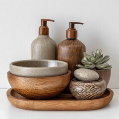 Spa Inspired Still Life with Wooden and Ceramic Bowls, Soap Dispensers and Succulents