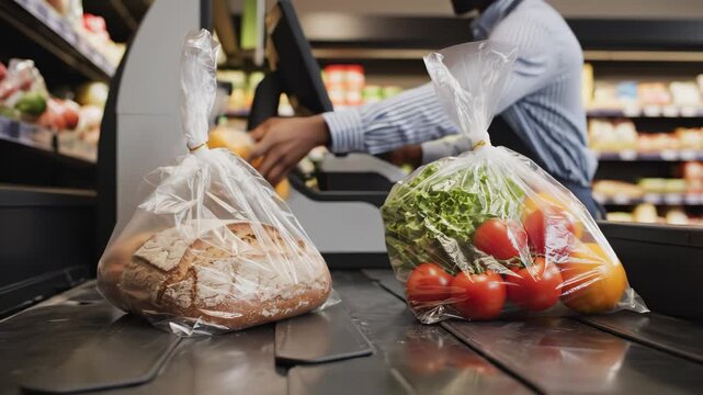 Grocery items being packed at checkout