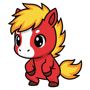 Side view of cute fire horse mascot standing with big eyes and flaming yellow mane.